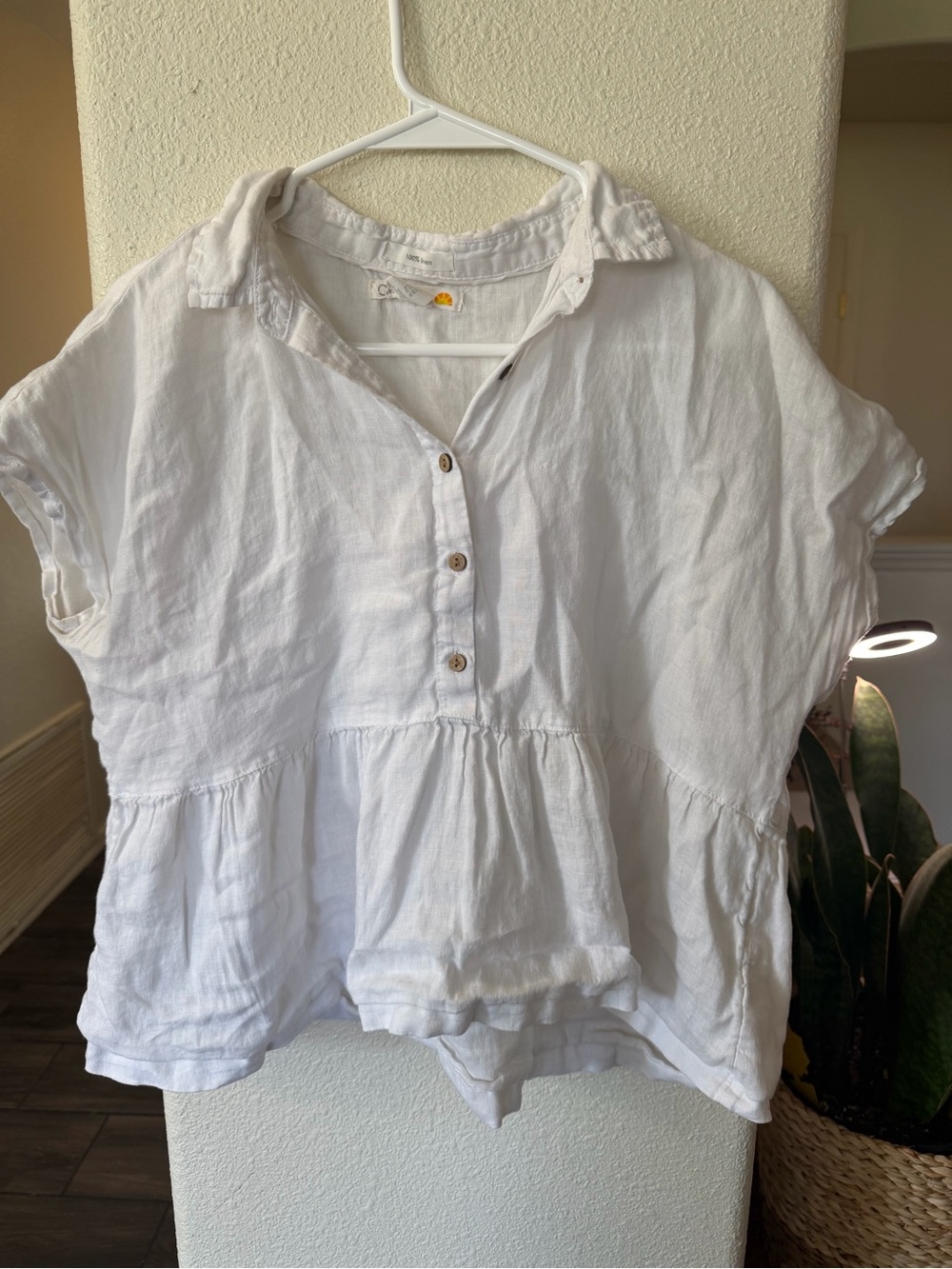 C & C California White Button-Front Linen Blend Peplum Top